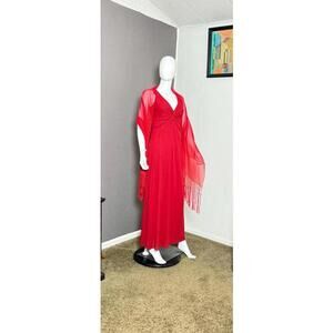 Vintage Red Chiffon Silk Wrap with Fringe Sheer Evening Wrap